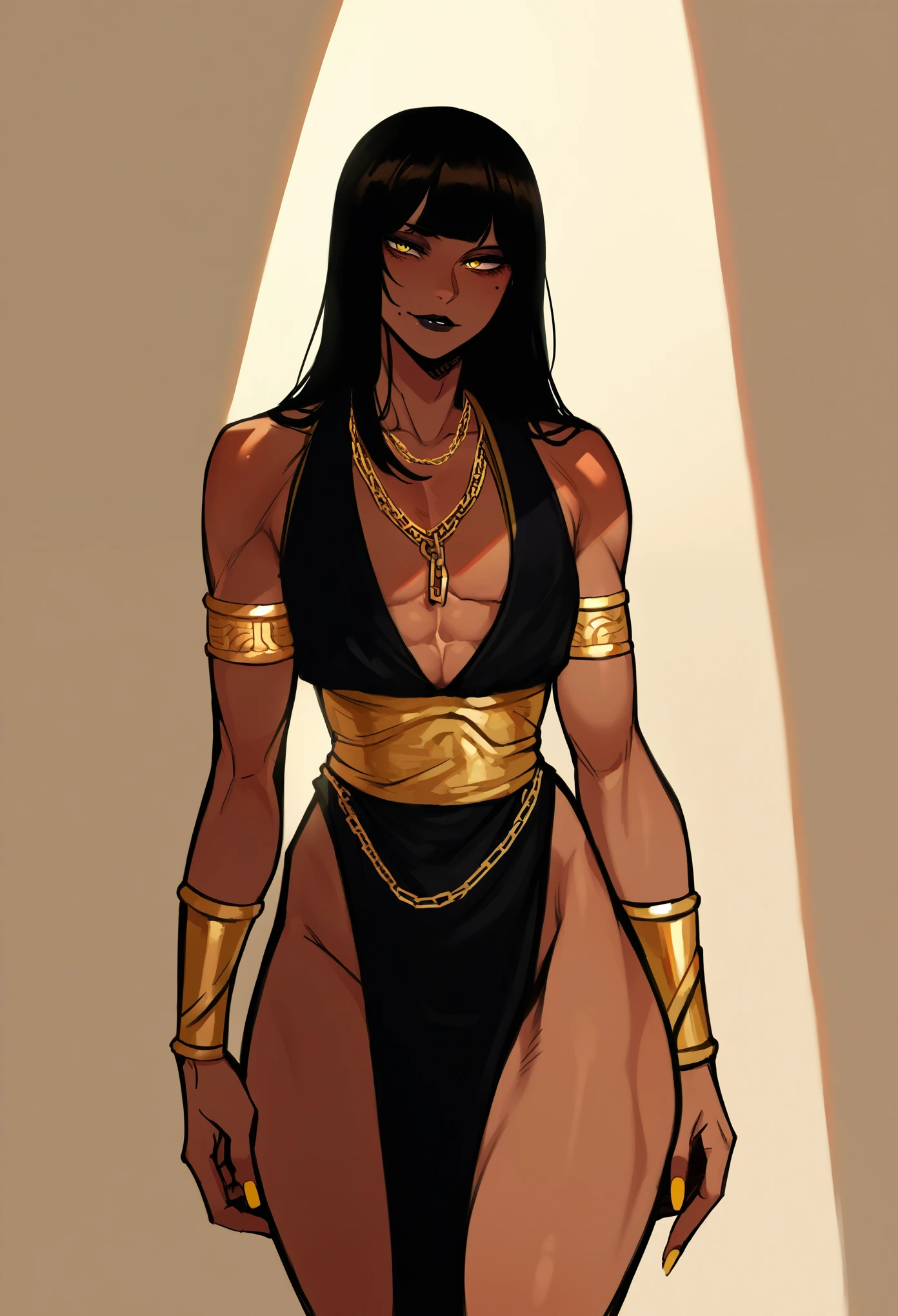 Score_9, score_8_up, score_7_up, 1femboy, tall,  adult, lipstick, black hime cut, brown skin, gold eyes, lipstick, slim, thick eyeliner, gold necklace, revealing clothes, cloak, skimpy clothes, nipple chain, makeup, gold glitter, Nyantcha Style, source_anime, rating_explicit 