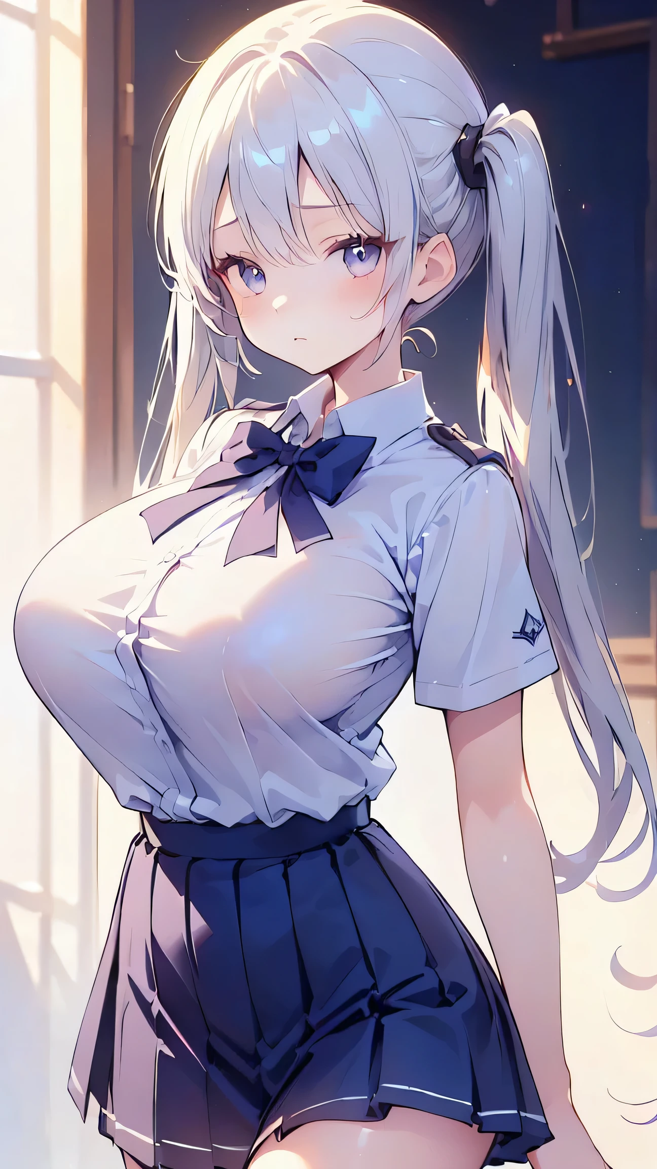 Ultra-high resolution, 8k,high quality,((()),cowboy shot , ((no hat:1.3))),Slender,Cute hairstyle,,(iridescent light,soft shadow,Anime Painting,thin line drawing),((((Extra low length,Skinny body,Young face, twin tails,huge breasts,Student Uniform))))),,Girl、