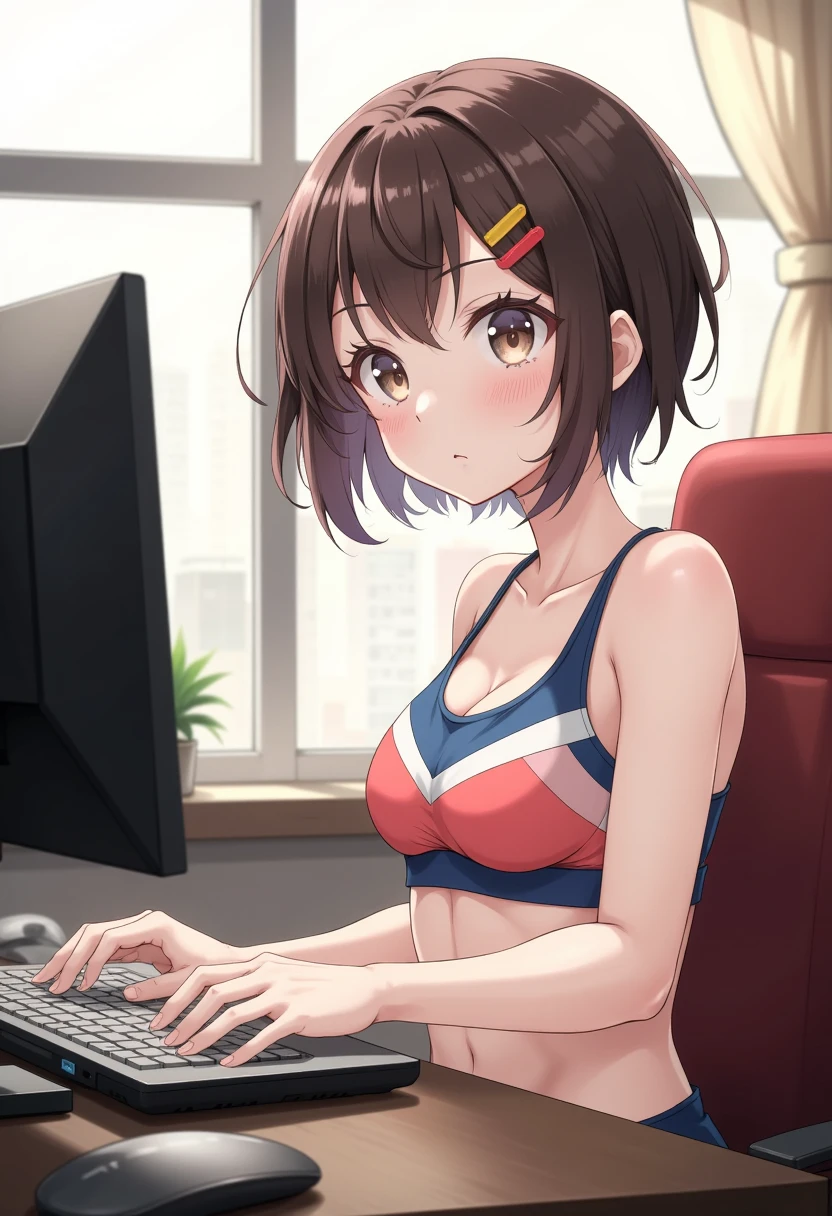 (((masterpiece))), ShizukaMikazuki, 1girl, solo, short hair, brown hair, hair ornament, brown eyes, hairclip, indoors, from side, window, letterboxed, sports bra, computer, laptop, 