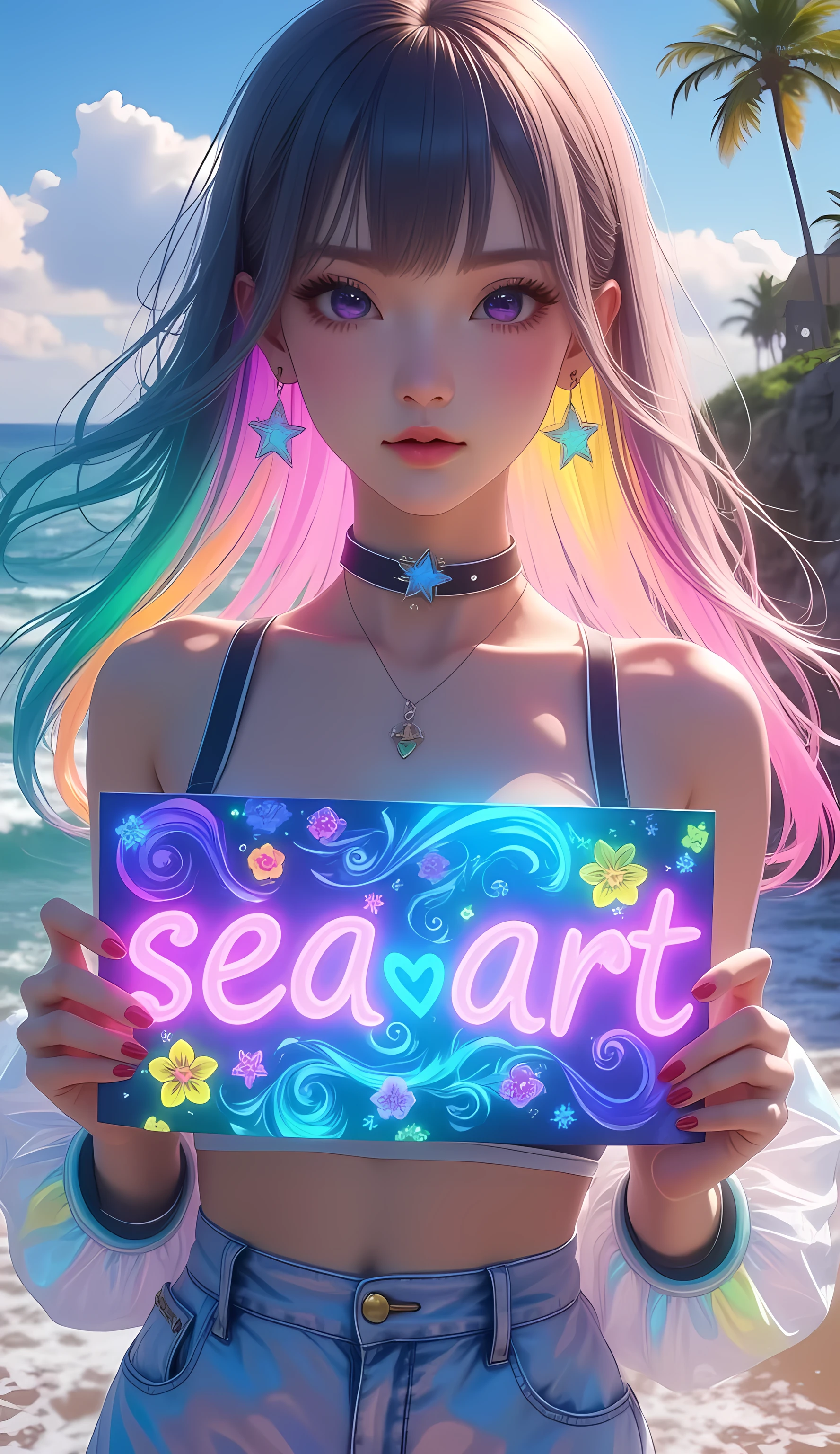 1girl, solo, colorful, beautiful, realistic, holding a sign "Sea Art"