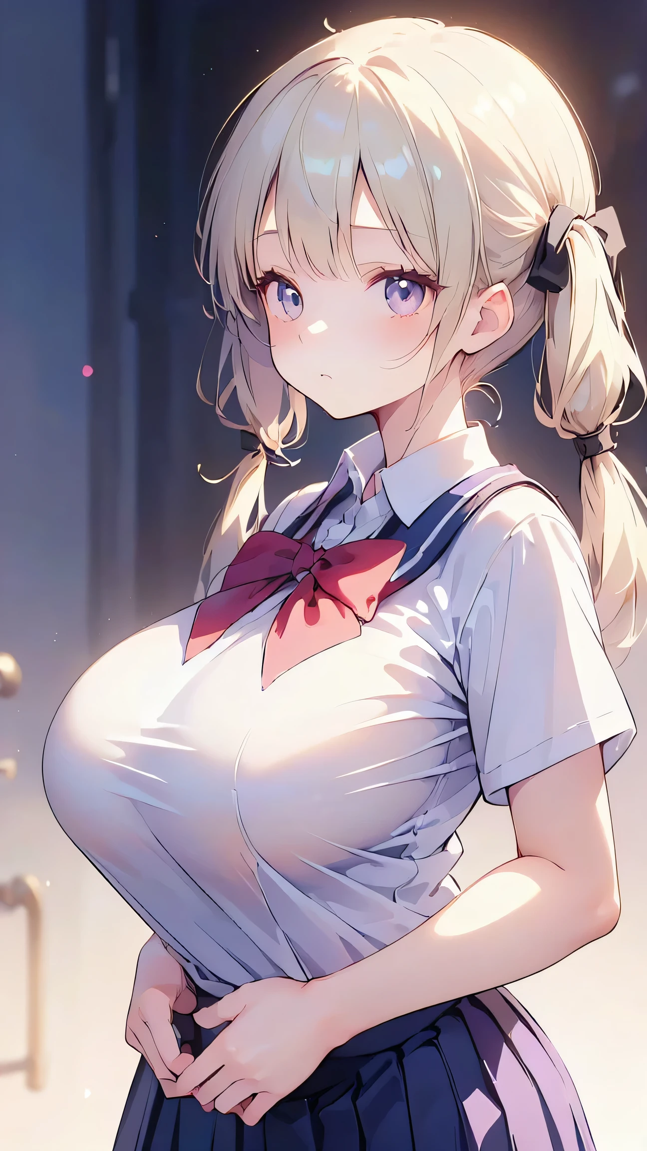 Ultra-high resolution, 8k,high quality,((()),cowboy shot , ((no hat:1.3))),Slender,Cute hairstyle,,(iridescent light,soft shadow,Anime Painting,thin line drawing),((((Extra low length,Skinny body,Young face, twin tails,huge breasts,Student Uniform))))),,Girl、