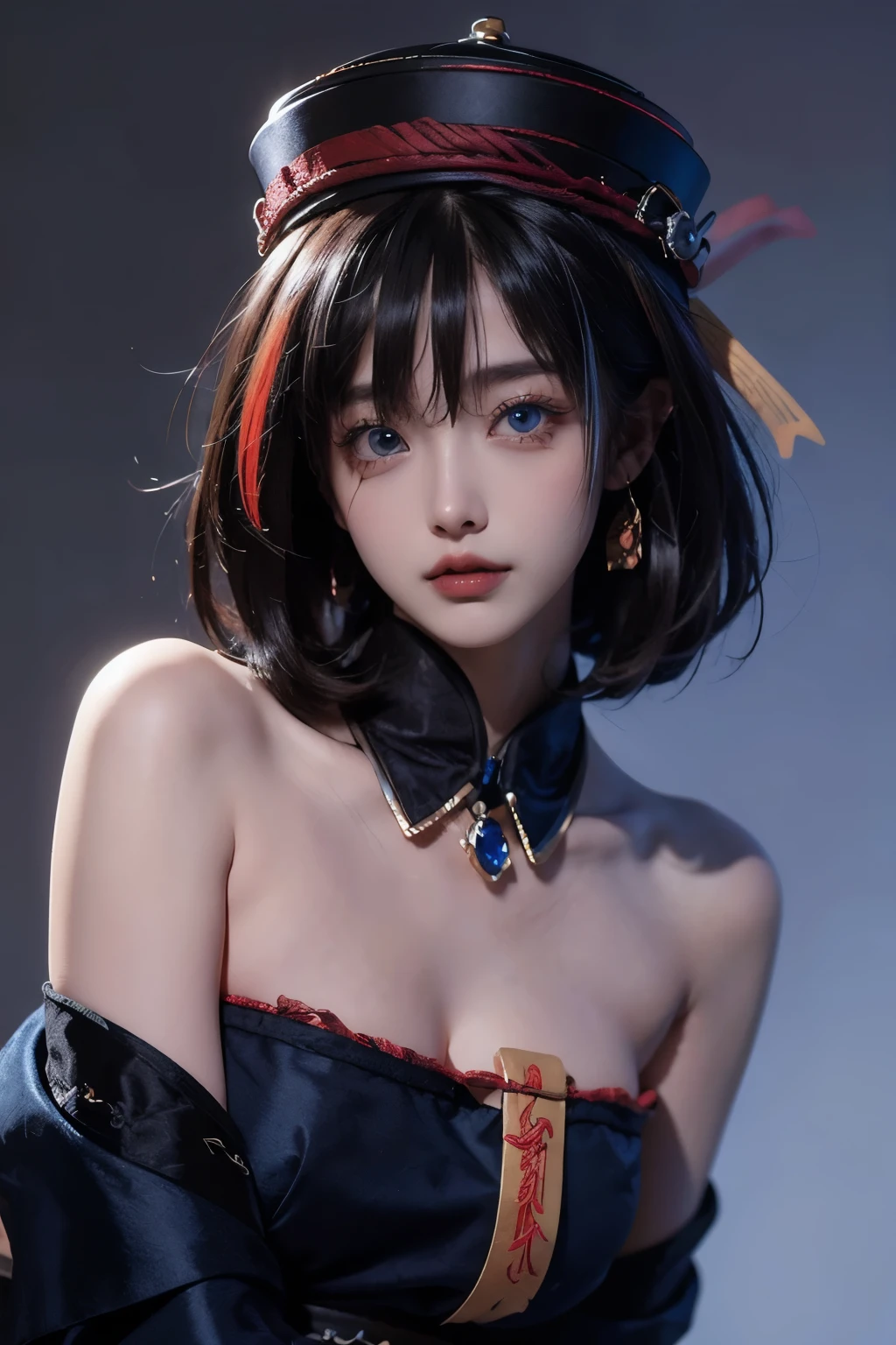 (qing guanmao:1.3),Hat,(red gemstone:1.2),white background,simple background,(gem:1.2),hwah jah,(streaked hair:1.4),floating paper,zombie fairy,(multicolored hair:1.3),(blue eyes:1.2),bare shoulders,, best quality , masterpiece, illustration, an extremely delicate and beautiful, extremely detailed ,CG,unity,8k wallpaper, Amazing, finely detail, masterpiece, best quality,official art,extremely detailed CG unity 8k wallpaper,absurdres, incredibly absurdres, huge filesize , ultra-detailed, highres, extremely detailed,beautiful detailed girl, extremely detailed eyes and face, beautiful detailed eyes,light on face,