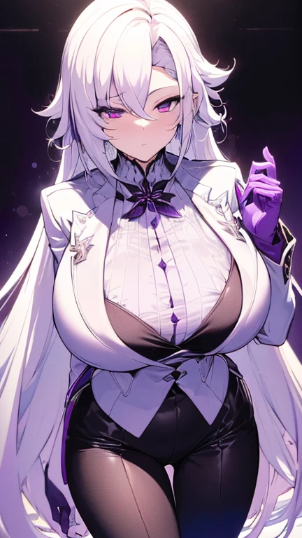 (best quality:1.3), (masterpiece:1.3), (illustration:1.3), (ultra-detailed:1.3), 1girl, solo, ((long hair, white hair, purple eyes)), (((large breasts))), black pants, white suit, serious expression, tall, mature, elegant, gloves, looking at viewer, nice hands, perfect hands, tsurime,