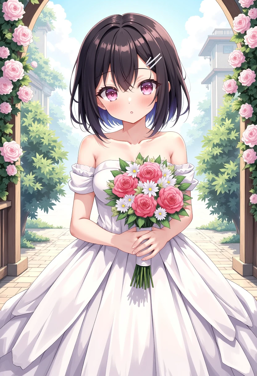 (((masterpiece))), 1girl, solo, looking at viewer, short hair, black hair, hair ornament, hairclip, pink eyes, marriage dress, holding, holding bouquet, flowers, garden background, anime coloring