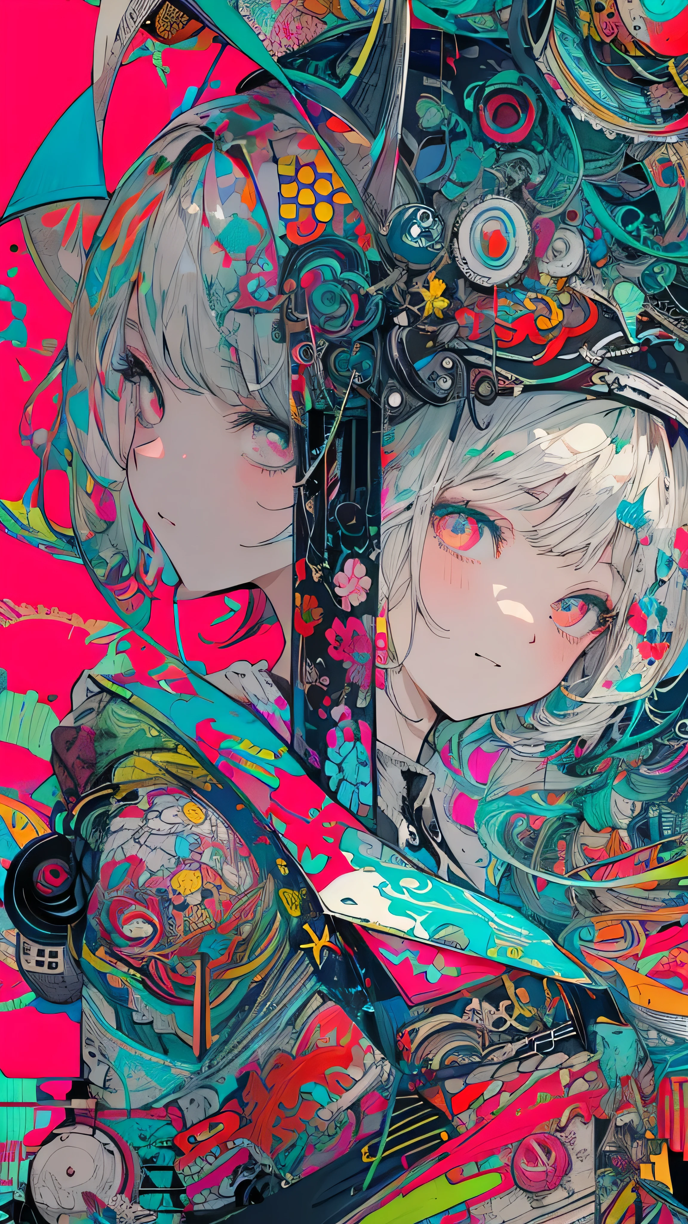 Masterpiece, best quality, two girls, 32K wallpapers, very detailed, poster, vintage science fiction, geometric movie poster, shape, abstract, portfolio, perfection, detailed face, very talented, the most complex futuristic machine, detailed unlimited completion equipment: earphones, very simple background, texture of the person: grunge, high resolution, best quality, high image quality, complex, sophisticated, Geometric ornament, (graffiti), double exposure, a fluid fusion of abstract art, glitch, 2D, original illustration composition, limited edition color fusion, geometric art style, no lines, flat color, tooth, random hair color, random hairstyle, random eye color, fish simple background,Minimalist, Red eyes, Tongue out, Dark Eyes, ダッチアングル,