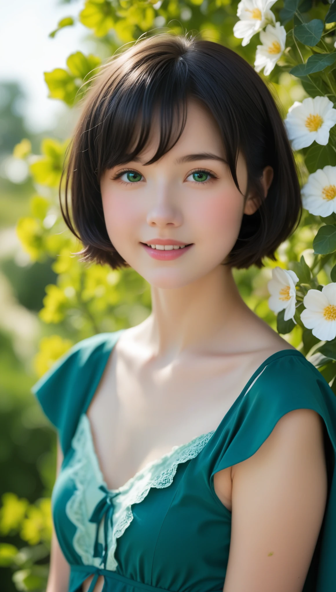 Ivyの貼ったWhite wall、White wall、White wallの前に花束を持った女性が立っている, very cute 、Teenager, Super cute girl、 Black Hair、short hair, Short Bob、Lo-fi Girl, Ivy, wearing blue-Green clothes, With flowers, Low-quality photos, Cape, Green clothes, photo shoot, Smooth input _ background, Lo-fi Girlのaesthetics, 🤤 Portrait of a Girl, beautiful!!, Wear it for a long time, Loose-fitting clothing,  relaxed posture ,  aesthetics