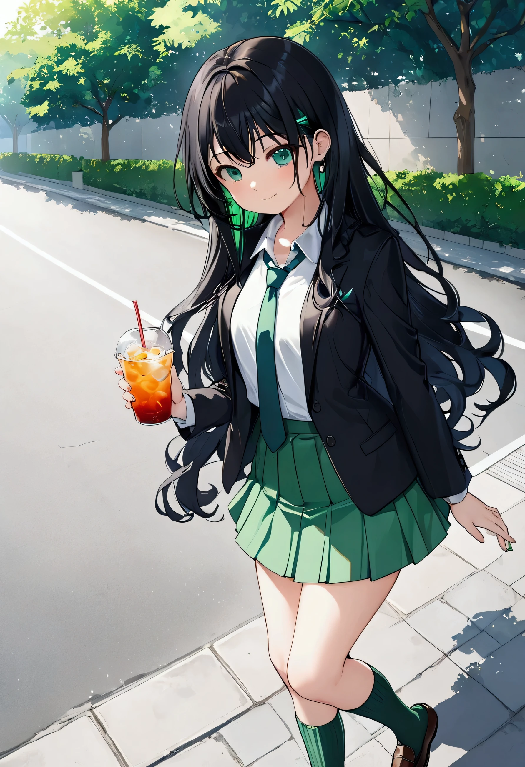 ((Best Quality、8k、masterpiece:1.3)),Japanese anime style,people々girl,1people,1peopleで,((Petite、Glamorous Body,curve)),cute,Smiling face,((Beautiful long black hair,The tip of the hair is blue )),Beautiful emerald green eyes,(((Black blazer,White blouse,Green tie,Green mini skirt))),(((Gal Style))),((( loose socks, loafers))),((( holding a drink cup in your right hand while walking))),
