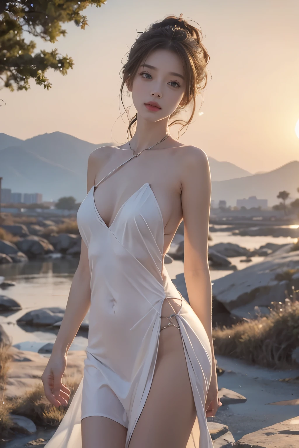 ((top quality, 8k, masterpiece: 1.3)), 1 girl, beauty: 1.2, (random hairstyle), ((bandeau dress)), (gaze at the loved one), super detailed face, detailed eyes, double eyelids, black ponytail, (((large)), correct anatomy, perfect body, standing, long legs, red lips, big breasts, water's edge