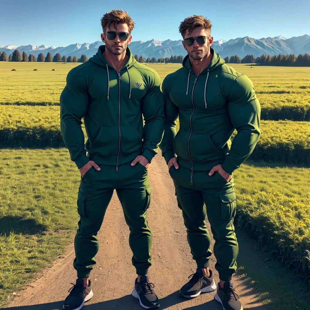 a very handsome man, sunglasses, wearing a green sweatshirt with an open zipper, standing in a vast field with his hands in his pockets