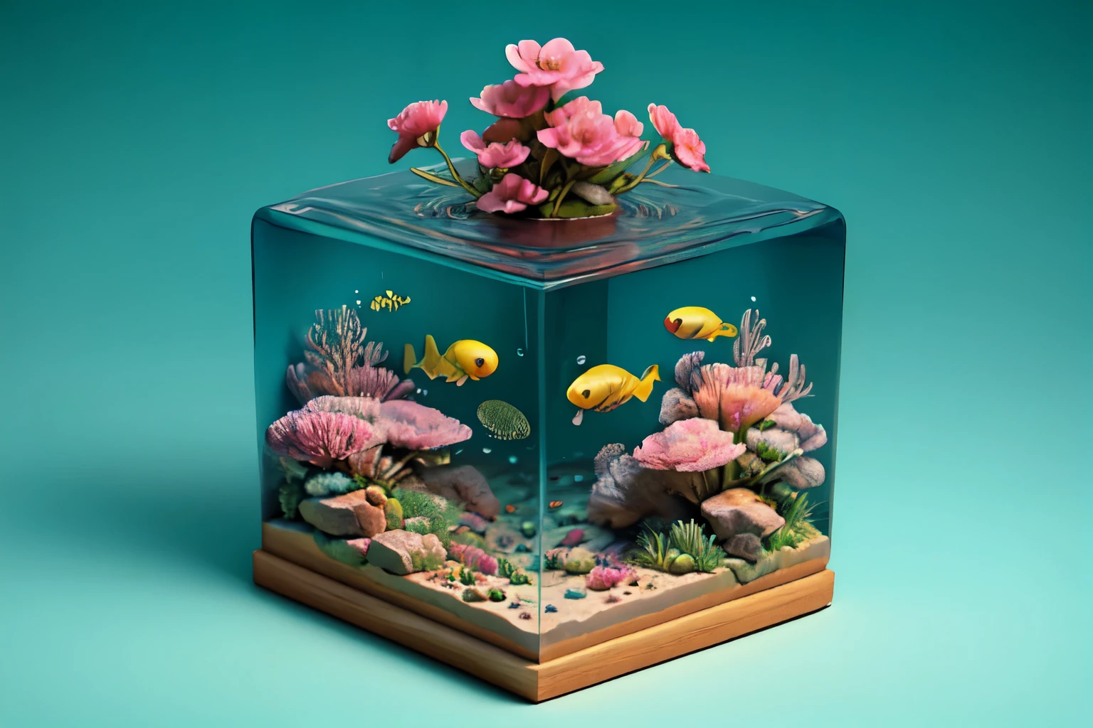 water cube, (1 girl、Snorkeling)、Ocean、Coral Reef、Beautiful fish、Classic、Vintage、Simple Background、Best Quality、High image quality、masterpiece、8k、wallpaper、