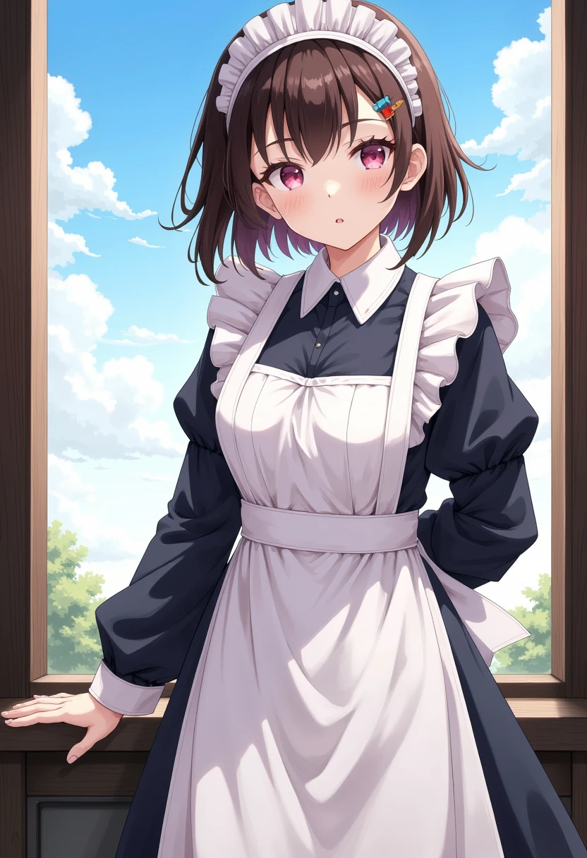 masutepiece, Best Quality, High resolution, 超A high resolution, depth of fields, Short hair, Brown hair, Pink eyes, Hairpin, (Gothic Maid, White headband), black maid uniform, White Apron, Standing, window, Skysky