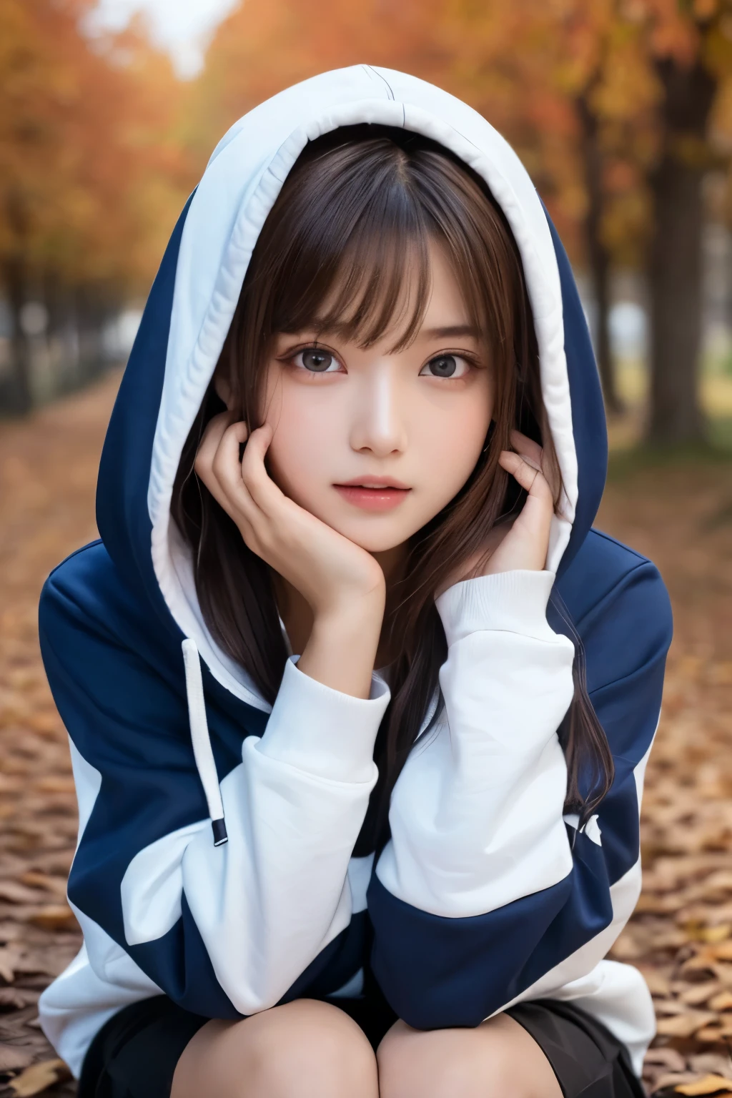 1girl, (a beauty girl, delicate girl, beautiful girl, innocent girl:1.3), (18yo:1.3),
break, (two tone color, hoodie:1.2), (cowboy shot, skirt),
break, (sit, autumn background:1.25),
break, very fine eyes, (symmetrical eyes:1.3),
break, (flat breasts:0.5), (round face, baby face), (brown eyes), parted bangs, (brown hair),
break, (eyes and faces with detailed:1.0),
break, (masterpiece, best quality, ultra detailed, detailed face, 8k)