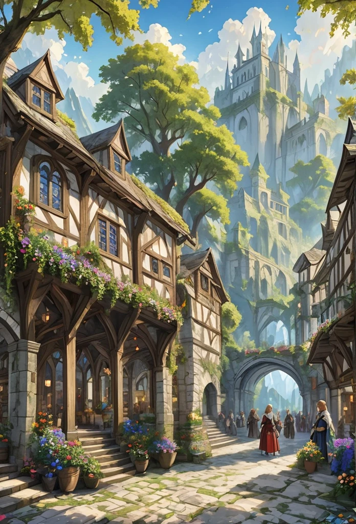 middle ages　 fantasyRPG landscape A stone cityscape　 many people　bard　bar