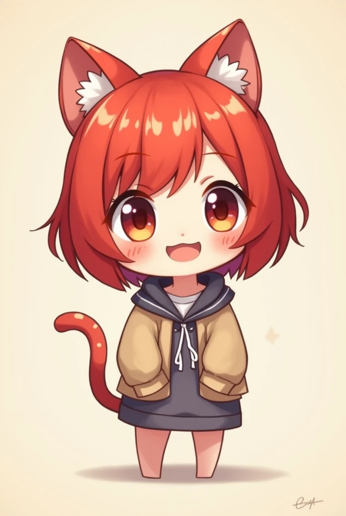Masterpiece, Best Quality, SakuraVRC, 1 girl, Alone, short hair, Red hair, green eyes, Chibi, animal ear fluff ;3, cat's mouth, busty