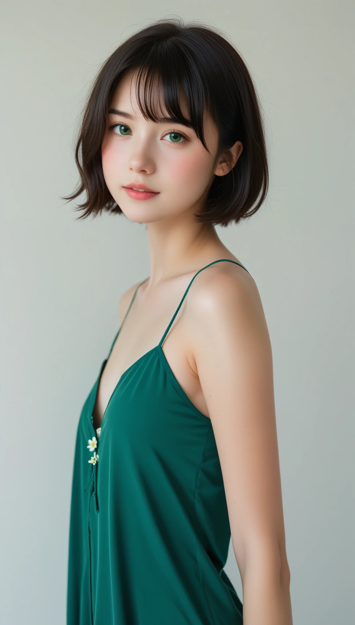 Ivyの貼ったWhite wall、White wall、White wallの前に花束を持った女性が立っている, very cute 、r, slim、Looking thin、Super cute girl、 Black Hair、short hair, Short Bob、Lo-fi Girl, Ivy, wearing blue-Green clothes, With flowers, Low-quality photos, Cape, Green clothes, photo shoot, Smooth input _ background, Lo-fi Girlのaesthetics, 🤤 Portrait of a Girl, beautiful!!, Wear it for a long time, Loose-fitting clothing, relaxed posture , aesthetics