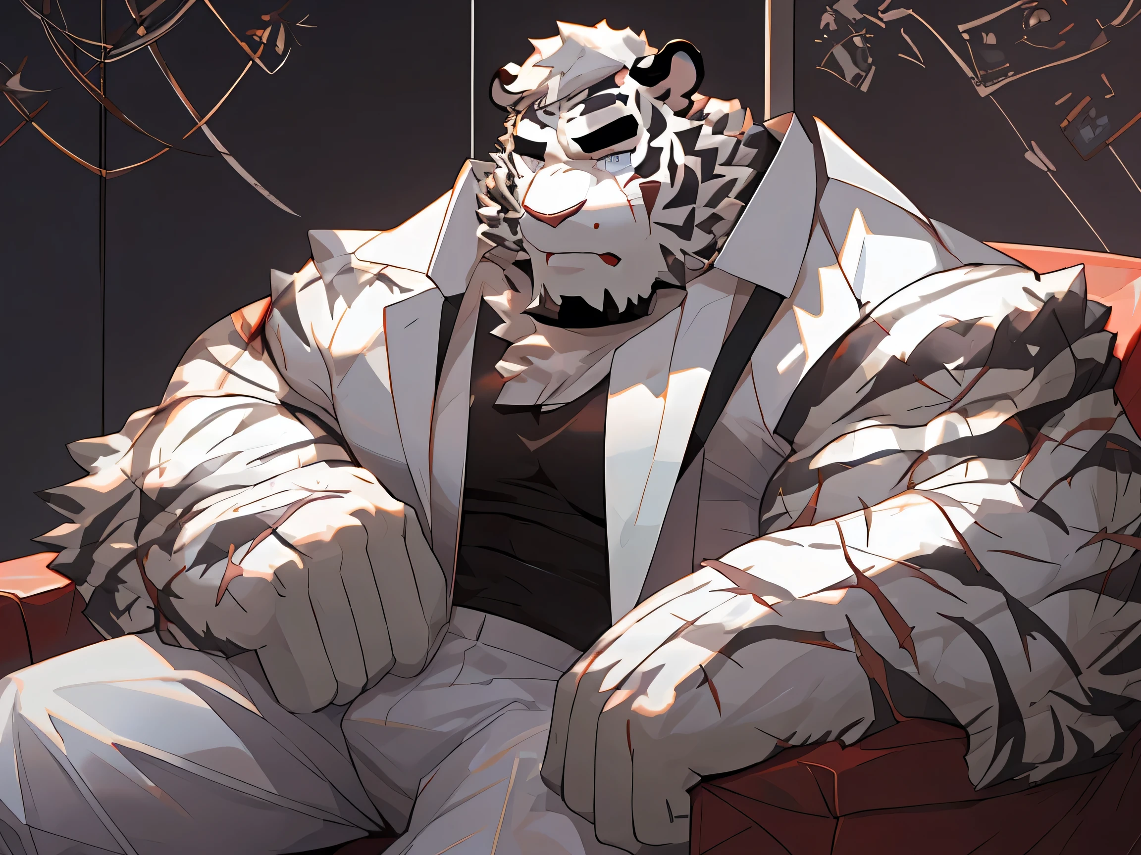 (White Tiger:1.3)_beast, Firmware version,  high resolution council ), Muscular, only, Tiger in human form, Strong Character,  detailed picture   !!, beefy, Body Committee,  very detailed all over the body , (Full white suit :1.4), eyebrow:1.3), (aloof:1.5), (  sits on the couch:1.3), ( arrogant eyes :1.5), solitary,  sits on the couch, ( detailed face :1.5), (White long tail), (white face:1.3), (Front view), ( modern luxury decorative background :1.3), (living room:1.3), (  perfect body proportions:1.3), ( back wall window ;1.3), (Looking at you with a sneer), (close up:1.2), (Half Body:1.5), (sneer:1.6), (middle aged:1.2), (30 years old), (Full body photo:1.2),  detailed background , 16K, HD, (Scars all over his face:1.3), ( full of scars on the body :1.3) ,  (delicate Eye), (Eye details)
