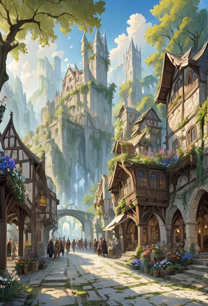 middle ages　 fantasyRPG landscape A stone cityscape　 many people　bard　bar