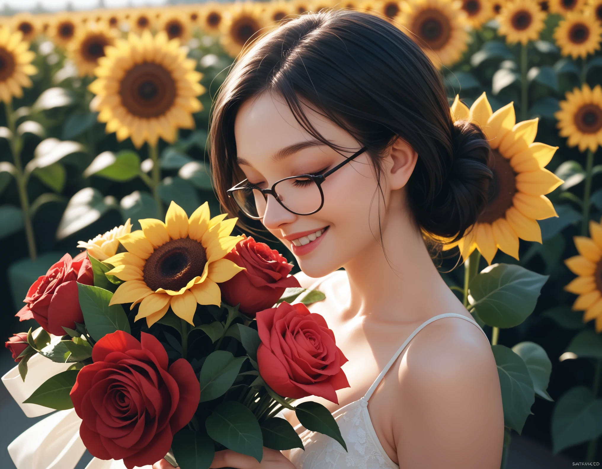 Beautiful girl with glasses, Long black hair, Bouquet of sunflowers and red roses, Vibrant colors, smile, 8K quality, Cinematic Focus, Eyes closed