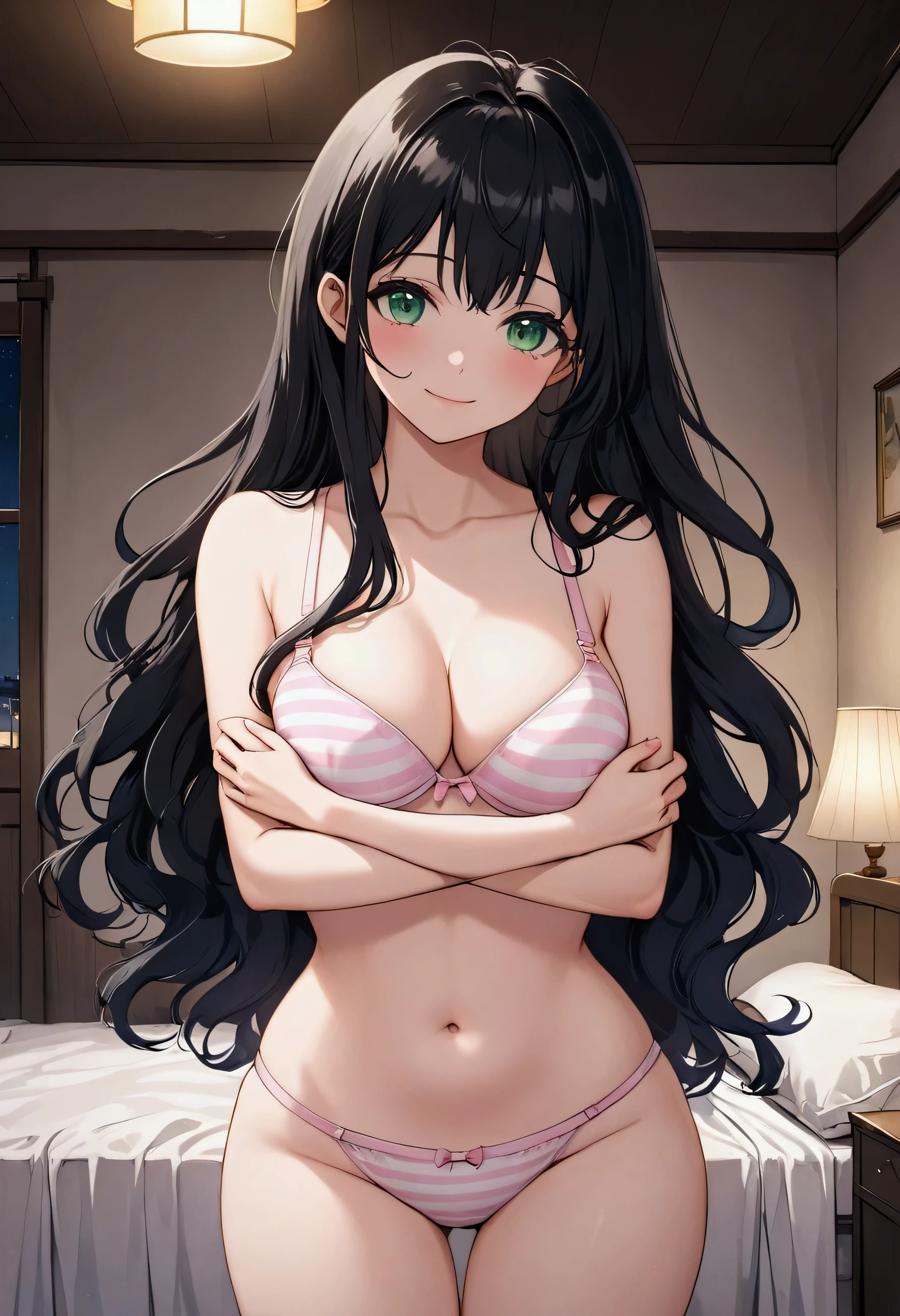 ((Best Quality、8k、masterpiece:1.3))、Japanese anime style、Human Girl、1 person、1 person、((Petite、Glamorous Body、Curvy))、cute、Smile shyly、((Long black hair))、Beautiful emerald green eyes、Hold your hands lightly and place them on your chest、White and pink striped bra、White and pink striped panties、poor、In the room at midnight、Overall Image、 cowboy shot、
