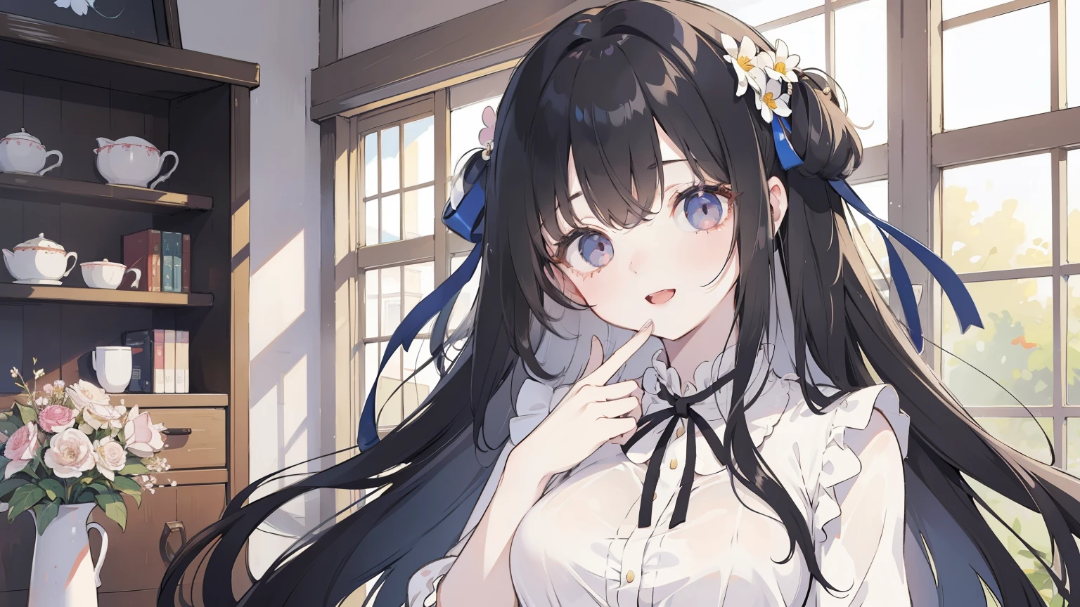 black hair and eyes 、Soft Hair、cute、girl、flower、indoor、
Messy Hair、((Side Long))、Large breasts、 petite

high resolution, Best Quality, high detail, retina, Ultra HD, 

smile, Open your mouth a little, ribbon, accessories, 