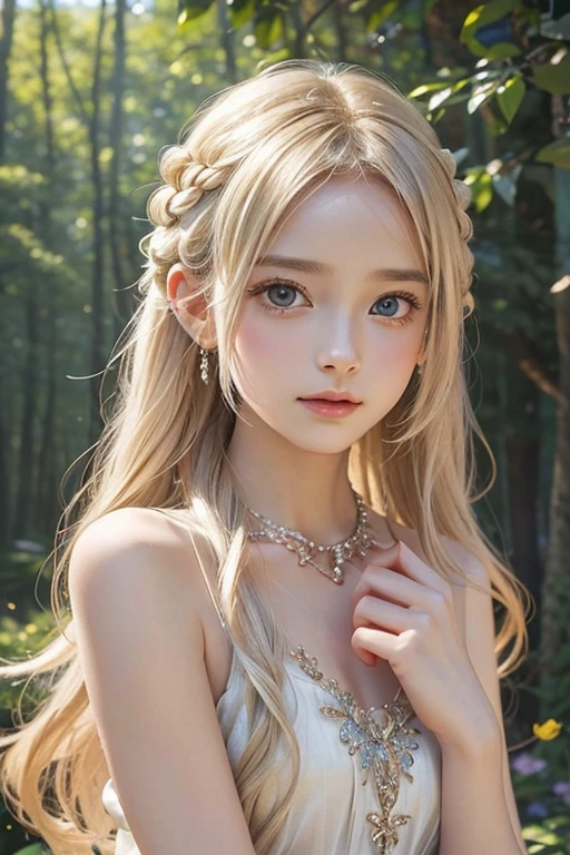 1girll，Wavy blonde hair，long whitr hair，bluntbangs，Green eyes，Fine eyes and detailed face，Extremely detailed Cg Unity 8K wallpaper，intricately details，Break，Kaleidoscopic image、Symmetrical pattern、vivd colour、geometric shapes、flattering design、optical illusions、Dynamic composition break、The art of pantomime、Expressive body language、Silent storytelling、Evocative gestures、Visual storytelling、Theatrical performances break free、flowers in full bloom、Colorful petals、Fragrant smell、Nature's gift，Vibrant garden，peaceful scenery