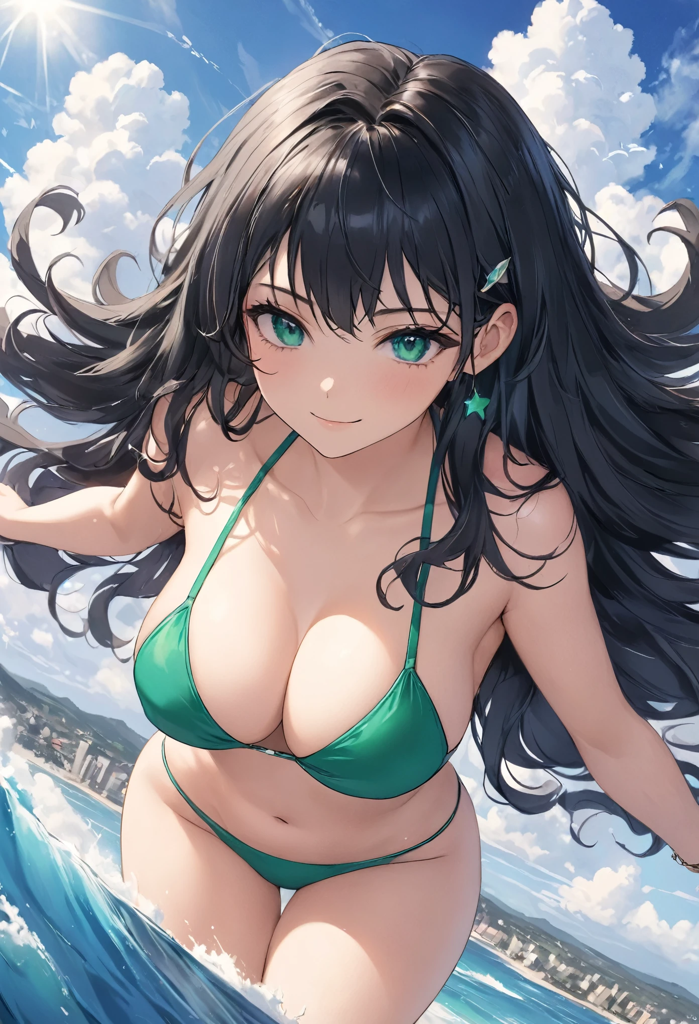 ((Best Quality、8k、masterpiece:1.3))、 anime style、Human Girl、One person、1 person、((Petite、Glamorous Body、Curvy))、cute、smug face、((Long black hair))、Beautiful emerald green eyes,Bright blue bikini,Surfing with a jet engine across the sea of clouds,The cityscape below,