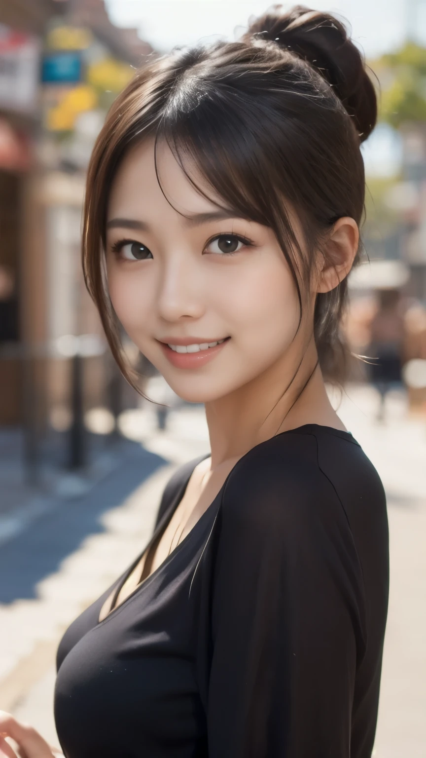 8k、Best Quality、Ultra Wide Angle Monofocal Lens  、(Representative works:1.2)、(Genuine)、(Genuine:1.37)、Ultra-high resolution、 1 college girl、Beautiful teeth alignment、smile、Well-formed fingers、 ponytail、Walking around town、(bright colored plain clothes  )、Big Breasts、 perfect bodies 、 Perfect Fingers、Beautiful Skin、 Professional Lighting 、gravure、Face and skin details、Microparticles、RAW Photos