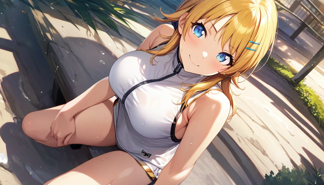 (masterpiece),(Best Quality),(Ultra-detailed),( Best Illustration),(Best Shadow),(Absurd),(  detail background  ),( is very beautiful ),  Meguru Hachimiya,  1 girl , Blonde, Alone, blue eyes,  hair accessories, smile, Large Breasts,  Twin Tail, Hair Clip,  staring at the viewer, Long Hair,(Fits your body,White sportswear, sleeveless,Wet with sweat),I sat on the bench.