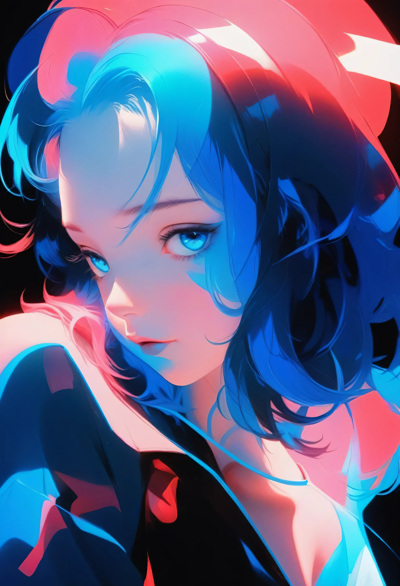 anime girl with blue hair and blue eyes in a black background, a character portrait by Ilya Kuvshinov, trending on pixiv, shin hanga, sayori, kuvshinov ilya, ilya kuvshinov face, girl with blue hair, illya kuvshinov, blue aura, kuvshinov, with blue skin