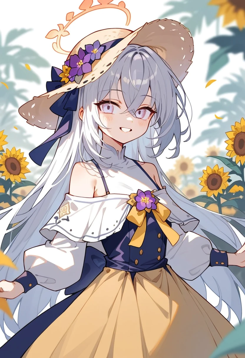   azusa (blue archive), 1girl alternate_costume bare_shoulders blurry cowboy_shot crossed_bangs depth_of_field dress facing_viewer flower grey_eyes hair_flower hair_ornament hat holding holding_flower long_hair off-shoulder_dress off_shoulder purple_flower solo straw_hat sunflower white_dress white_hair yellow_hat smile masterpiece, best quality