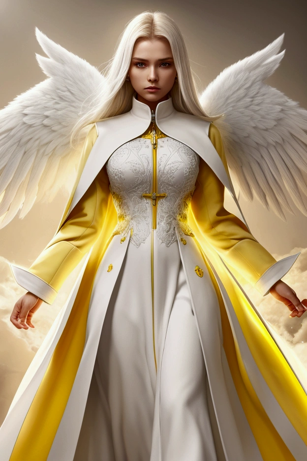 an angel in a white and yellow coat with an aura that would destroy the earth