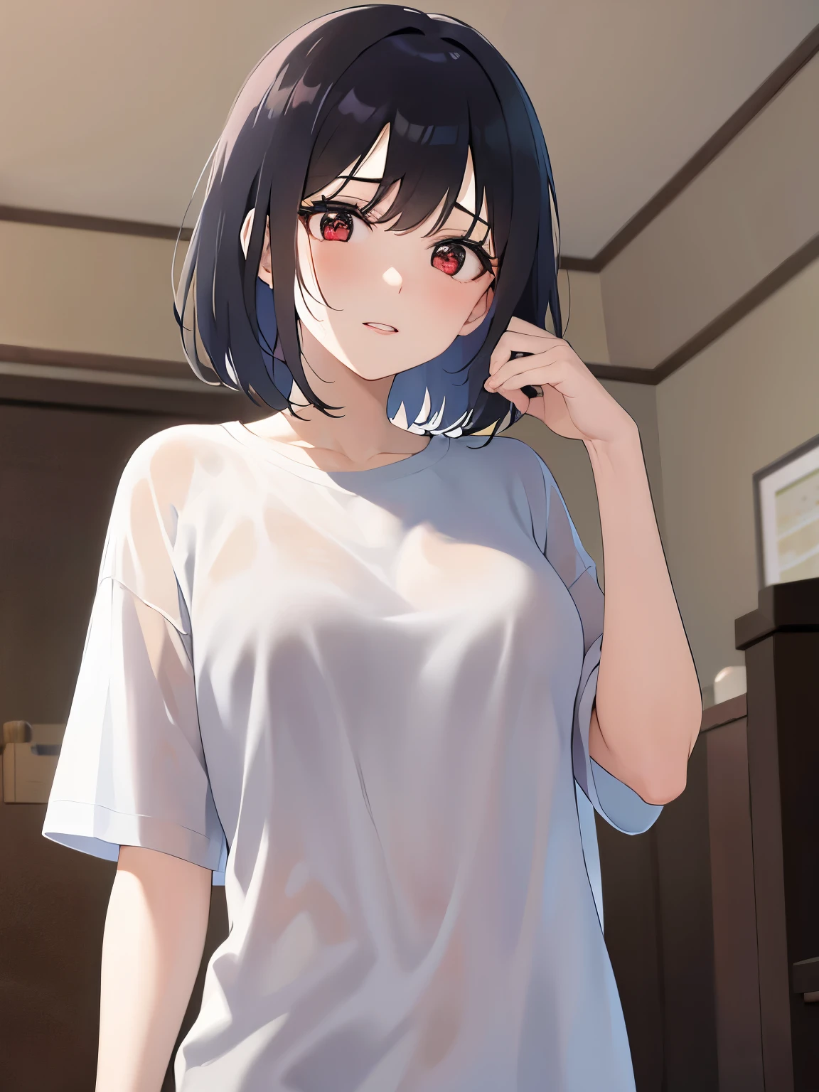 Looking up、upper body,( wet hair :1.5)、 (pale skin:1.2), shiny skin, shiny hair、(A 40-year-old woman:1.5) and (bob cut) and (hair between eyes) and (black hair) and (red eyes), (over size t-shirt:1.5)、oversized clothes,white shirt, blush,Standing、 The background is the living room at night、(alone:1.5)