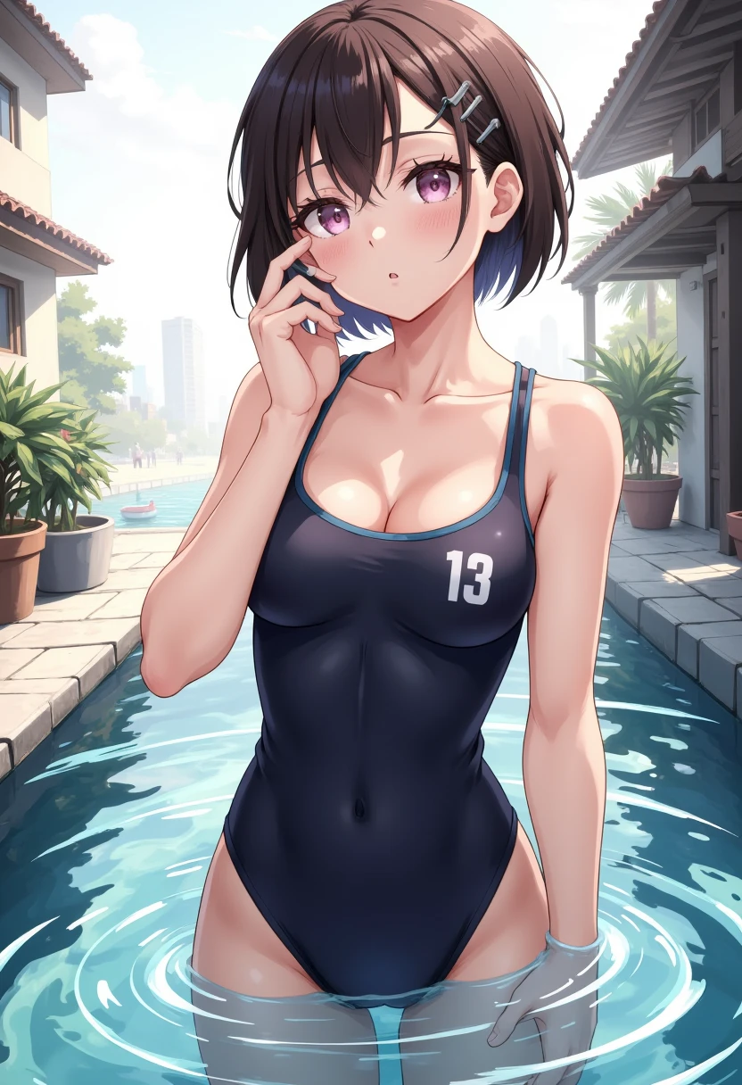 masutepiece, Best Quality, High resolution, Ultra High Resolution, depth of fields, Short hair, Brown hair, Pink eyes, hair pin, swim wears,School Swimsuit,Wet swimsuit,Black School Swimsuit