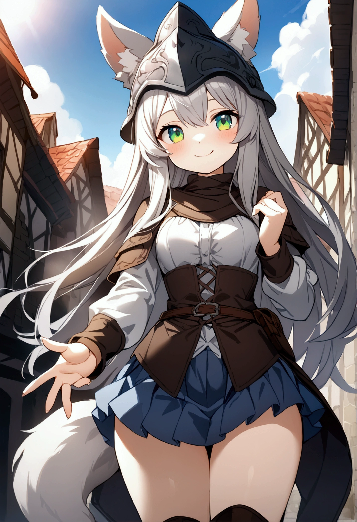  1 girl 、cute、green eyes,Gray Hair,Long Hair, furry ,Animal ears,helmet,Tail, Mini Pleated Skirt , masterpiece、Noise Reduction、Perfect Anatomy、High resolution、Super detailed、Game CG、Dutch Angle、 beautiful fine detail、Visual Arts、Perfect hands、perfect lighting、steam、smile、Town、Medieval period、 Fantasy 、Outdoor、blue sky、sun、