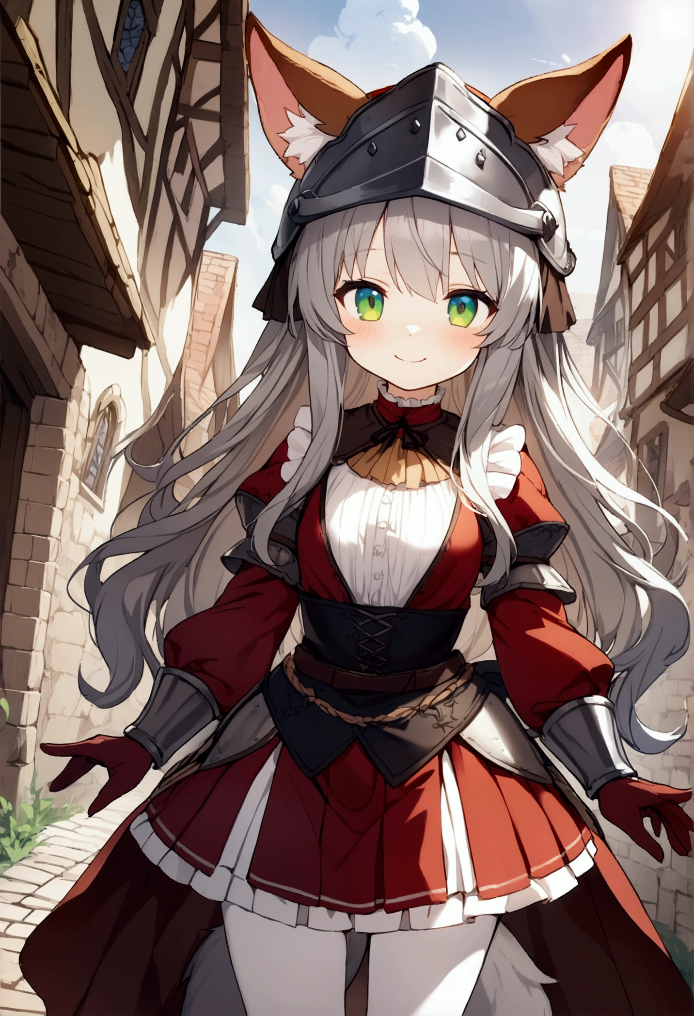  1 girl 、cute、green eyes,Gray Hair,Long Hair, furry ,Animal ears,helmet,Tail, Mini Pleated Skirt , masterpiece、Noise Reduction、Perfect Anatomy、High resolution、Super detailed、Game CG、Dutch Angle、 beautiful fine detail、Visual Arts、Perfect hands、perfect lighting、steam、smile、Town、Medieval period、 Fantasy 、Outdoor、blue sky、sun、