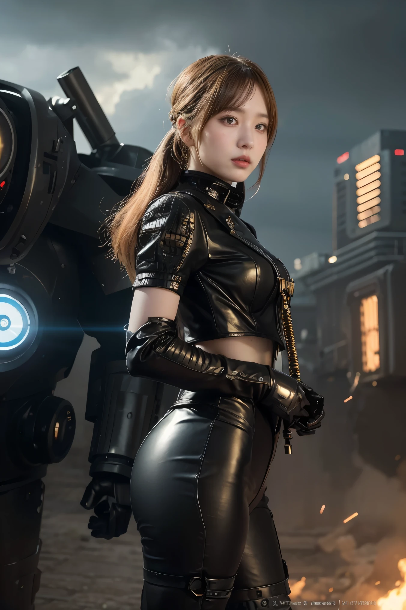 there is a woman standing in front of a group of robots, steampunk male portrait, compositing, beautiful android woman, stormy and grand war scene, inspired by Richard Avedon, a black dieselpunk policewoman, redhead woman, girl in suit, intricate fashion clothing, beautiful female soldier  