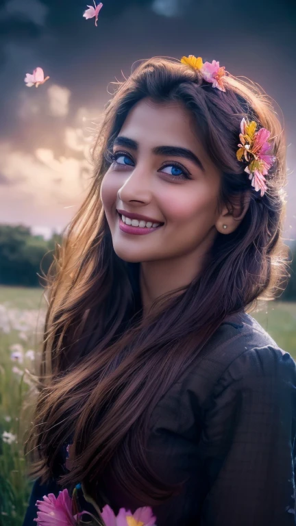 masterpiece, best quality, 1girl, (colorful),(finely detailed beautiful eyes and detailed face),cinematic lighting,bust shot,extremely detailed CG unity 8k wallpaper,,solo,smile,intricate skirt,((flying petal)),(Flowery meadow) sky, cloudy_sky, building, moonlight, moon, night, (dark theme:1.3), light, fantasy,pooja1