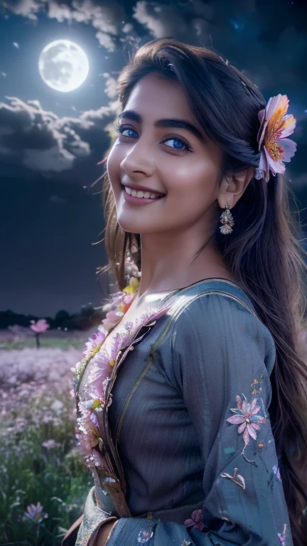 masterpiece, best quality, 1girl, (colorful),(finely detailed beautiful eyes and detailed face),cinematic lighting,bust shot,extremely detailed CG unity 8k wallpaper,,solo,smile,intricate skirt,((flying petal)),(Flowery meadow) sky, cloudy_sky, building, moonlight, moon, night, (dark theme:1.3), light, fantasy,pooja1