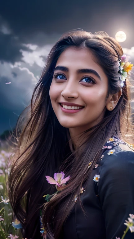 masterpiece, best quality, 1girl, (colorful),(finely detailed beautiful eyes and detailed face),cinematic lighting,bust shot,extremely detailed CG unity 8k wallpaper,,solo,smile,intricate skirt,((flying petal)),(Flowery meadow) sky, cloudy_sky, building, moonlight, moon, night, (dark theme:1.3), light, fantasy,pooja1