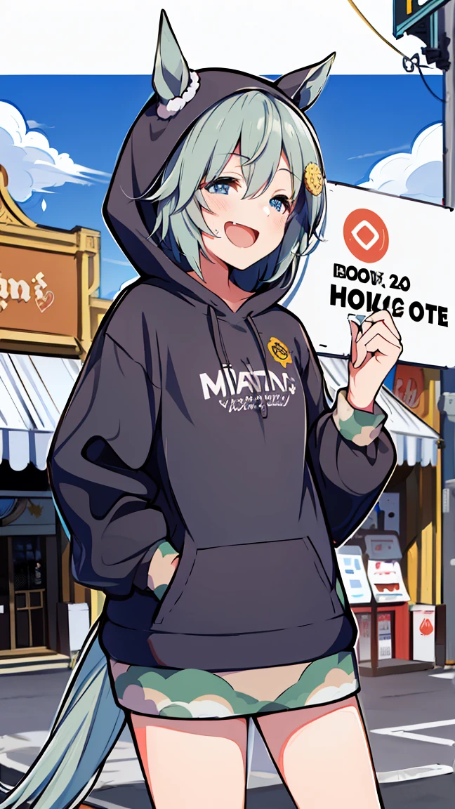 masterpiece, Best Quality, High resolution,  very detailed,(((Seiun Sky))), ((( Horse Girl ))), ((( hoodie))), (((Standing at a distance))), (((Positive。))), (((Around town))), (((With the store front in the background))), (((Laughing。))), ((( sign)))