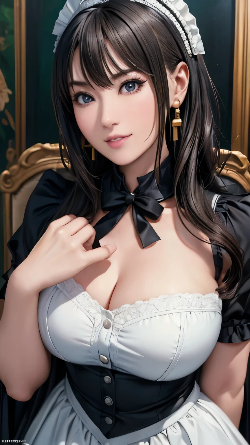 (highest quality, masterpiece painting:1.3),  immature woman, (half body shot), masterpiece, ultra high resolution, (Photoreal:1.0), Black hair、straight hair, beautiful shiny hair, white and shining skin, ((Ultra realistic details)), octane rendering, highly detailed face, (big breasts:0.8), pump, (maid), (Black maid clothes),(black mini skirt), open neckline, cleavage, perfect body, soft skin, silver earrings, sharp focus, intricate details, professional artwork, (bright colors:1.1), bright colors, diffused lighting, digital blending, ultra-definition body, ultra detail hair, super detailed face, trending on pixiv, top button open, Cute gaze, compensate, perfect lips, perfect compensate, Ultra-precision coating, (light_smile:0.8), (smugness:1.2),blush your nose,