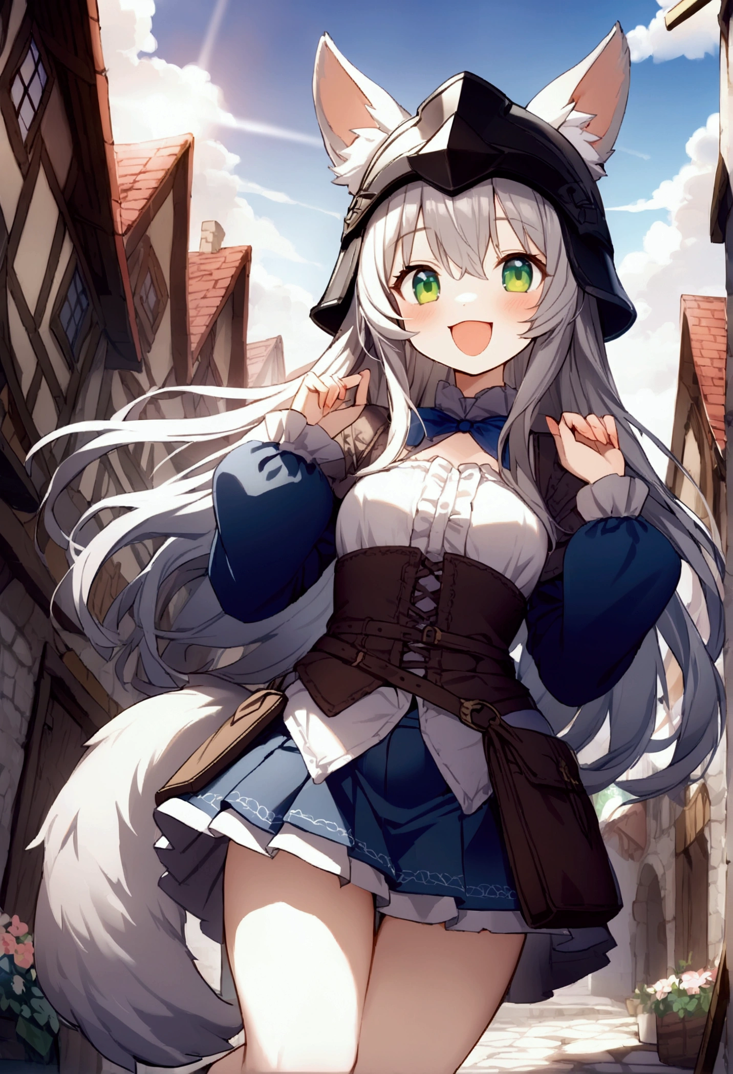  1 girl 、cute、green eyes,Gray Hair,Long Hair, furry ,Animal ears,helmet,Tail, Mini Pleated Skirt , masterpiece、Noise Reduction、Perfect Anatomy、High resolution、Super detailed、Game CG、Dutch Angle、 beautiful fine detail、Visual Arts、Perfect hands、perfect lighting、steam、smile、Town、Medieval period、 Fantasy 、Outdoor、blue sky、sun、Daytime、 open your mouth