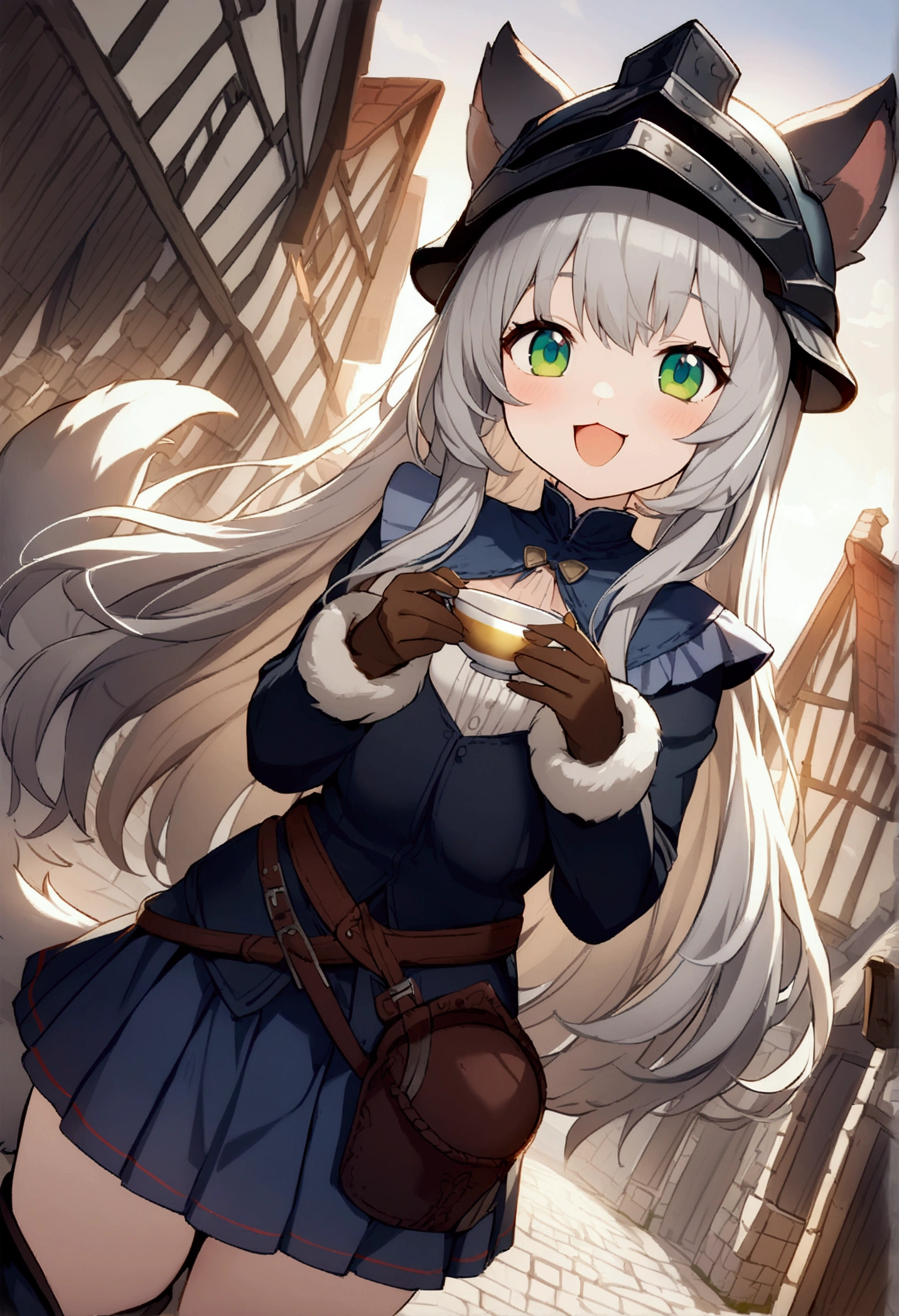  1 girl 、cute、green eyes,Gray Hair,Long Hair, furry ,Animal ears,helmet,Tail, Mini Pleated Skirt , masterpiece、Noise Reduction、Perfect Anatomy、High resolution、Super detailed、Game CG、Dutch Angle、 beautiful fine detail、Visual Arts、Perfect hands、perfect lighting、steam、smile、Town、Medieval period、 Fantasy 、Outdoor、blue sky、sun、Daytime、 open your mouth