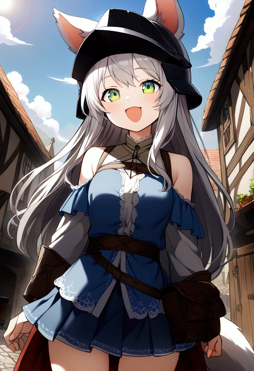  1 girl 、cute、green eyes,Gray Hair,Long Hair, furry ,Animal ears,helmet,Tail, Mini Pleated Skirt , masterpiece、Noise Reduction、Perfect Anatomy、High resolution、Super detailed、Game CG、Dutch Angle、 beautiful fine detail、Visual Arts、Perfect hands、perfect lighting、steam、smile、Town、Medieval period、 Fantasy 、Outdoor、blue sky、sun、Daytime、 open your mouth