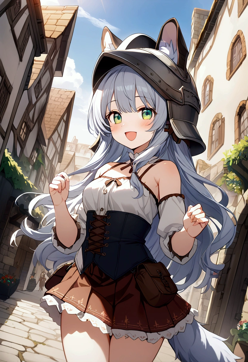  1 girl 、cute、green eyes,Gray Hair,Long Hair, furry ,Animal ears,helmet,Tail, Mini Pleated Skirt , masterpiece、Noise Reduction、Perfect Anatomy、High resolution、Super detailed、Game CG、Dutch Angle、 beautiful fine detail、Visual Arts、Perfect hands、perfect lighting、steam、smile、Town、Medieval period、 Fantasy 、Outdoor、blue sky、sun、Daytime、 open your mouth