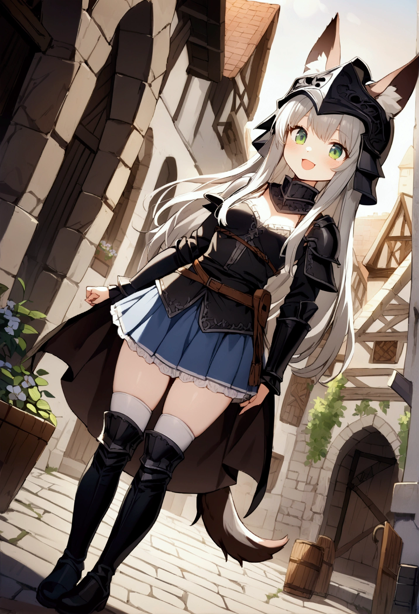  1 girl 、cute、green eyes,Gray Hair,Long Hair, furry ,Animal ears,helmet,Tail, Mini Pleated Skirt , masterpiece、Noise Reduction、Perfect Anatomy、High resolution、Super detailed、Game CG、Dutch Angle、 beautiful fine detail、Visual Arts、Perfect hands、perfect lighting、steam、smile、Town、Medieval period、 Fantasy 、Outdoor、blue sky、sun、Daytime、 open your mouth、black armor boots