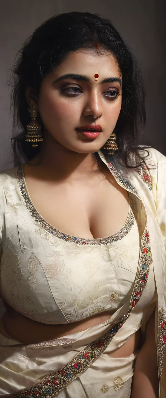 A woman, wearing erotic saree , pale white skin tone ,looking at viewer, sensual pose, dramatic lighting, chiaroscuro, cinematic, dark, haunting, dramatic, moody, high contrast, vivid colors, glowing skin, oil painting, digital art, hyper realistic, photorealistic, best quality, 8k, masterpiece, ultra-detailed,chubby aadi, n1p, ketika , yamig, yami, ketika 