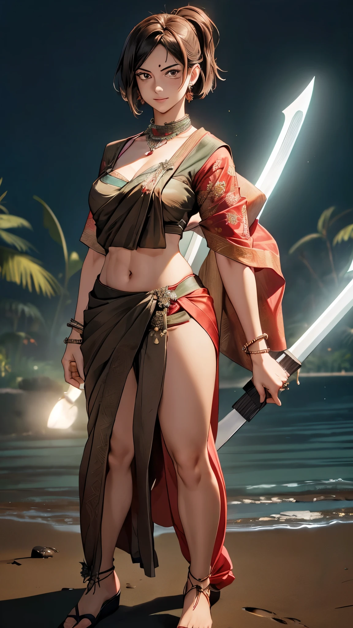 (8k, RAW photos, minino:1.1) ,female,(looki at viewer company),cowboy lens,Japanese,kugisaki nobara / (jujutsu kaisen\),(fullbody saree:1.1),La Brett Piercing,cleavage,((( saree))),seductive smile,Be red on the face, full body photo, standing, lean, muscular legs, muscular belly, short hair, brown hair, brown eye, breasts, medium breasts, (no bindi) Professional lighting、photon mapping、physics-based rendering、dark theme,wearing wifs, jewellery and necklace, alone, extreme high quality, legs covering saree, one big axe on one hand