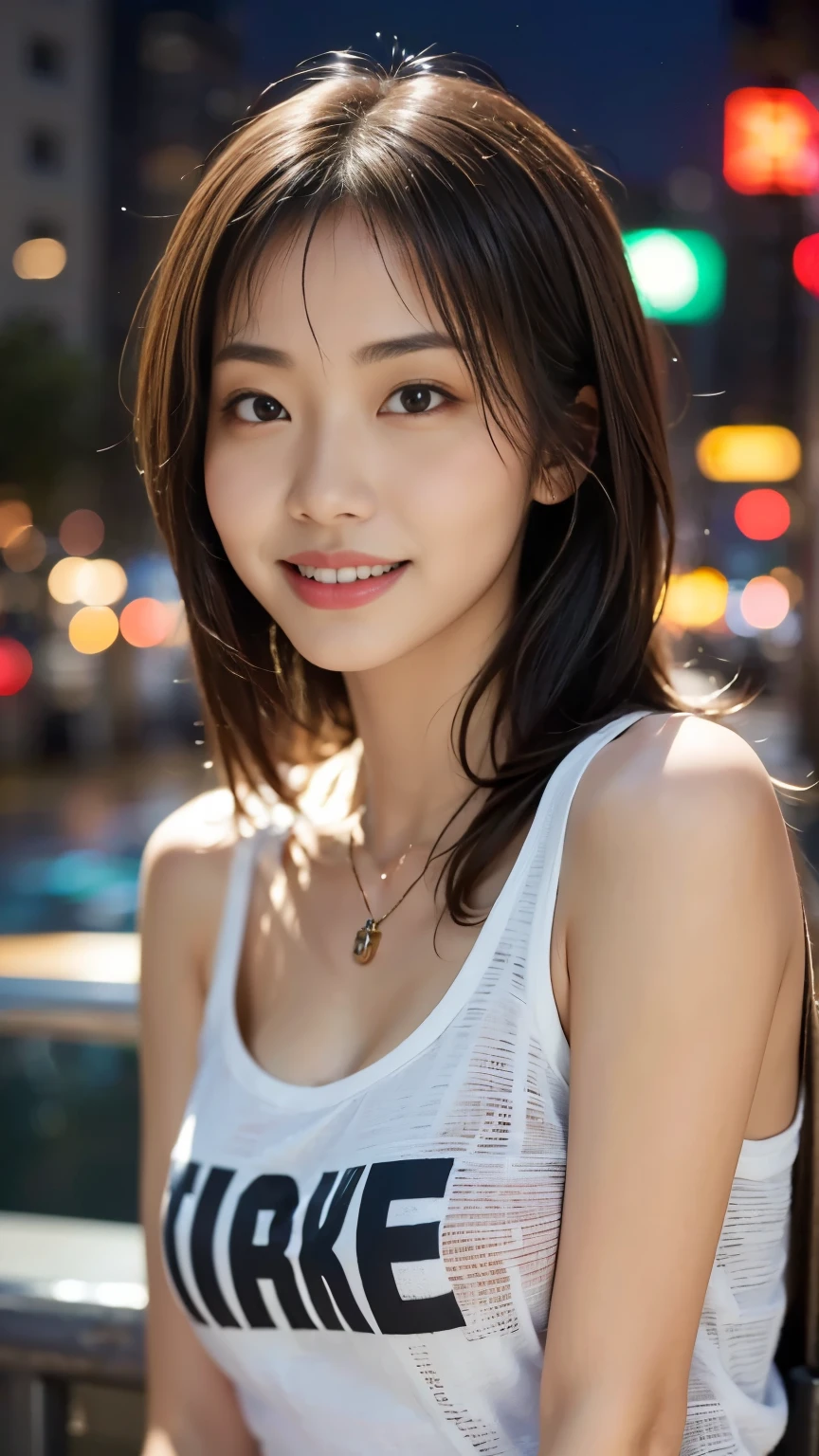 1 Girl, Tokyo Street,night, Streetscape,City lights,Upper Body,close,smile,, (8K, Raw photo, highest quality, masterpiece:1.2),(Realistic, photo-Realistic:1.37),