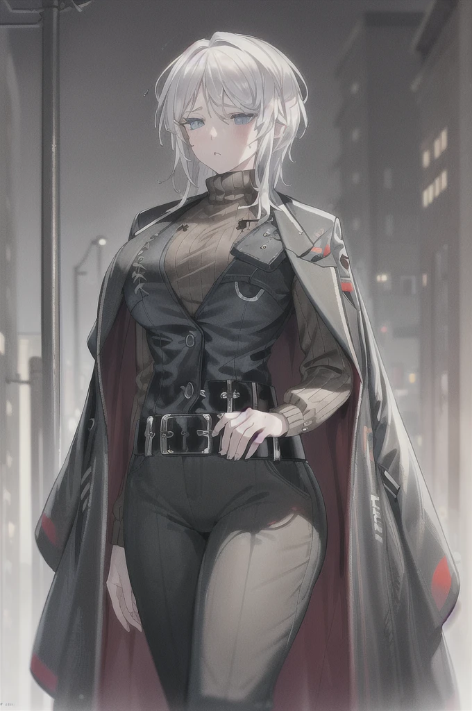 (masterpiece, best quality), illustration, faust_limbus, default_outfit, blue eyes, large breasts, 1girl, solo,  black coat, black vest, brown sweater, coat on shoulders, black belt, black pants, alleyway, cowboy shot, night, raining, wet, wet hair, wet clothes, bokeh